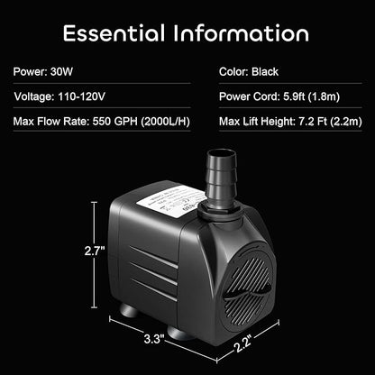 GROWNEER 550GPH Submersible Pump 30W Fountain Water Pump, 2000L/H, with 7.2ft High Lift, 3 Nozzles for Aquarium, Fish Tank, Pond, Hydroponics, Statuary