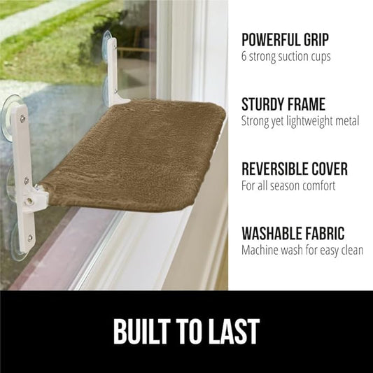 GORILLA GRIP Cat Window Perch, Foldable Cat Window Hammock Bed with 6 Large Suction Cups, Cordless Indoor Wall Shelves, Strong Metal Frame Holds 30lbs, Reversible Washable Sherpa Cover, Small Brown