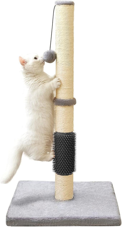 MeowHomm 32" Cat Scratching Post with Self Groomer Cat Brush, Sisal Rope Tall Cat Scratching Post with Soft Hanging Ball for Indoor Cats, Cat Claw Scratcher Covered with Soft Smooth Plush