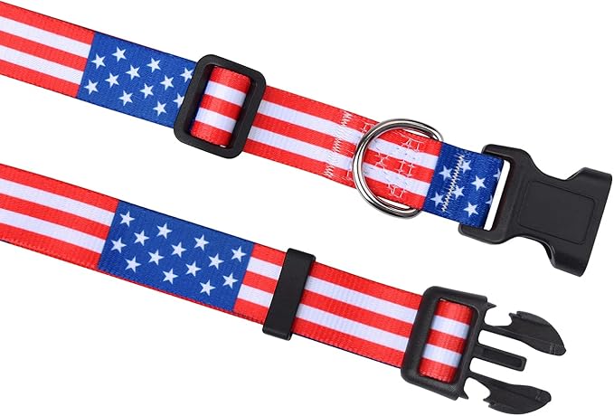 American Flag Dog Collar and Leash Set- Patriotic, US Flag Pattern, Star & Stripes, Fourth of July Dog Collar, Adjustable for Small Medium Large Dogs(Classic US Set,M)