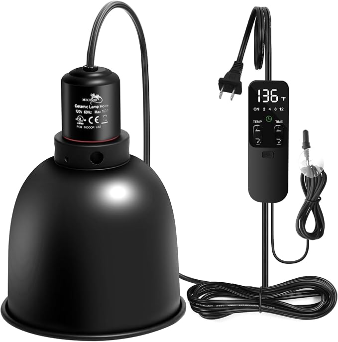 5.5" Deep Dome Reptile Lamp Fixture with Thermostat Timer & Dual Controls, Heat-Resistant Ceramic Bulb Holder for Bearded Dragons, Snakes, Turtles & Geckos