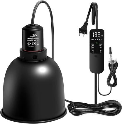 5.5" Deep Dome Reptile Lamp Fixture with Thermostat Timer & Dual Controls, Heat-Resistant Ceramic Bulb Holder for Bearded Dragons, Snakes, Turtles & Geckos