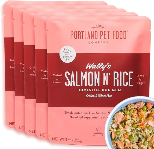 Portland Pet Food Company Wally's Salmon N' Rice Fresh Dog Food Pouches - Human-Grade, Gluten-Free Wet Pet Meal Topper & Mixers - Small & Large Breed Puppy & Senior Dogs - Made in The USA - 5 Pack