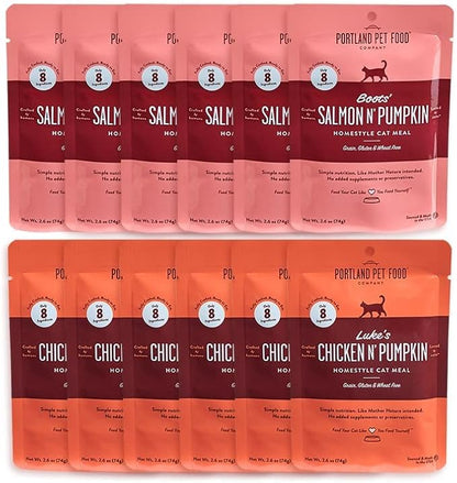 Human-Grade Mixed Variety Pack Wet Cat Food Pouch — Moist, Soft Cat Food Mixer, Topper, and Rotational Meal (6 Chicken, 6 Salmon) by Portland Pet Food Company
