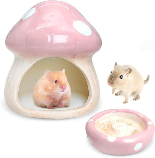 BNOSDM Ceramic Hamster Hideout and Food Bowl Set Cute Mushroom Shape Hamster House and Habitat Cool Hamsters Hide Suitable for Syrian, Mice, Dwarf Hamsters, Gerbils (Pink)