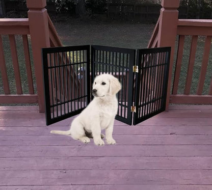 Pet Dog Gate Strong and Durable Freestanding Folding Acacia Hardwood Portable Wooden Fence Indoors or Outdoors by Urnporium (Black Pet Gate, 3 Panel 24" Tall)