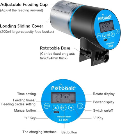 Automatic Fish Feeder for Aquarium - Rechargeable Fish Food Auto Dispenser Vacation Turtle Feeder with USB Charger Cable，LCD Screen, Customized Schedule (Blue)