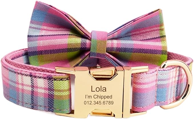 Custom Dog Collar with Names and Phone Number Engraved, Puppy Tags Personalized for Small Medium Large Pets (Colorful Plaid, M)