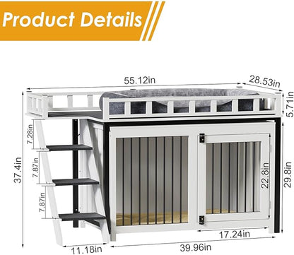 PAKASEPT Dog Crate Furniture, Pet Bunk Bed with Stairs and Storage, Dogs/Cats Window Perch, with Multi-Purpose Blanket and Fluffy Dog Bed for Small Medium Size (55.1L x 28.5" W x 37.4" H)