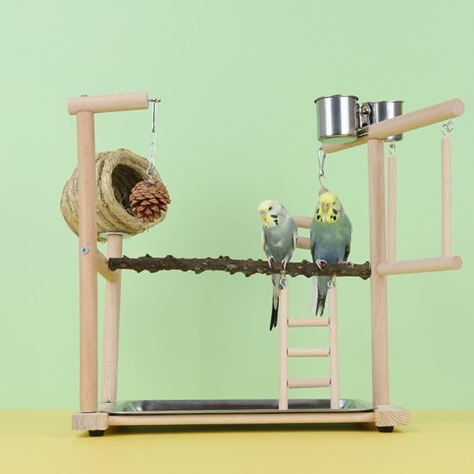 Parrot Playground Playstands, Bird Playgrounds with Feeder Cups Breeding Grass Nest Bird Cage Stand Bird Perch Stands, Parakeet Playground Wood Bird Play Stand for Cockatiel Parakeet