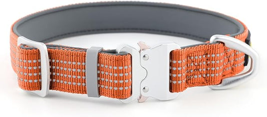 Plutus Pet Reflective Dog Collar with Aviation Aluminum Buckle, Neoprene Padded for Comfort, Lightweight, Heavy Duty Nylon Collar for Puppy Small Medium Large Dogs (Orange, XL)