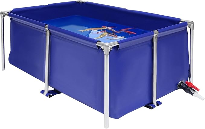 Foldable Fish Aquarium Tank, Canvas Blue Cuboid Small Above Ground Pond With Drain Valve, Portable Koi Breeding Pool, Indoor Outdoor Goldfish Tank, Turtle Ornamental Pool
