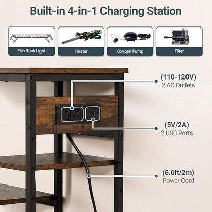 20-29-37 Gallon Fish Tank Stand with Power Outlet, Metal Aquarium Stand with Height-Adjustable Stoarge Shelves, 6-Leg Reptile Tank Stand, 400lbs Capacity