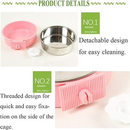 kathson Crate Dog Bowl, Removable Stainless Steel Hanging Pet Cage Bowl Food & Water Feeder Coop Cup for Cat, Puppy, Birds, Rats, Guinea Pigs (6 PCS, Size: M, 2×Blue,2×Green,2×Pink)
