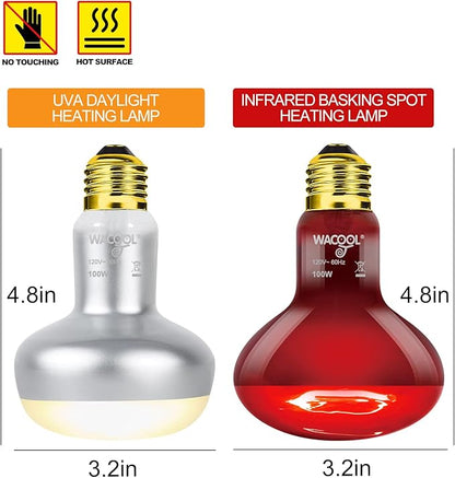 WACOOL 4Pack Reptile Heat Lamp Day & Night Kit 100W, Nature Simulated Basking Daylight & Nightlight UVA Heat Lamp Bulbs for Reptiles & Amphibians