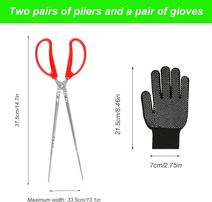 15 Inch Snake Feeding Tongs, 2 PCS Stainless Steel Reptile Tongs, Extra Long Large Tweezers for Bearded Dragon Ball Python Tank Accessories Terrarium Supplies With Gloves