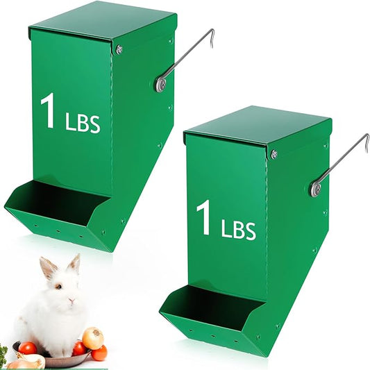Maxcheck 2 Pcs Rabbit Feeder for Cages Small Animal Food Dispenser with Lid Metal Chicken Grit Oyster Shell Feeders Outside(3.2 Inches,Mesh Bottom,Green)