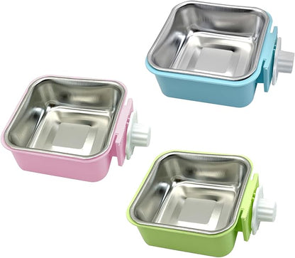 kathson Crate Dog Bowl, Removable Stainless Steel Hanging Pet Kennel Cage Bowl Food & Water Feeder Coop Cup for Puppy, Cat, Rabbit, Guinea Pigs 3pcs Small Square(Blue, Green, and Pink)