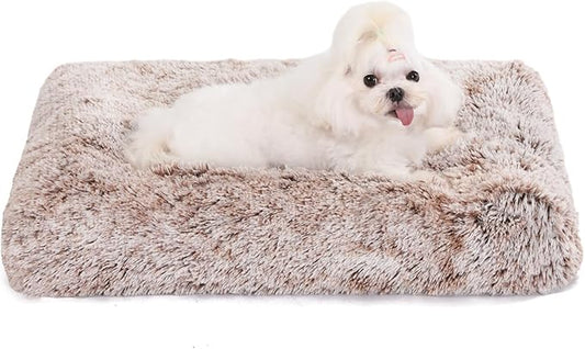 Bedfolks Waterproof Crate Bed, Plush Dog & Cat Bed with Removable Washable Cover, Faux Fur Kennel Pad, 23"x18", Brown