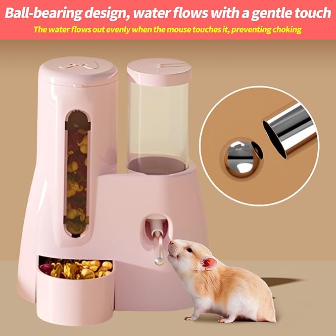 2-in-1 Hamster Water Bottle & Food Dispenser - Leak-Resistant Design for Glass/Wire Cages (120ml/4oz BPA-Free + Double Seal Nozzle) Dwarf Hamster & Mice Essentials (Pink, 6.3×5.1×4.3)
