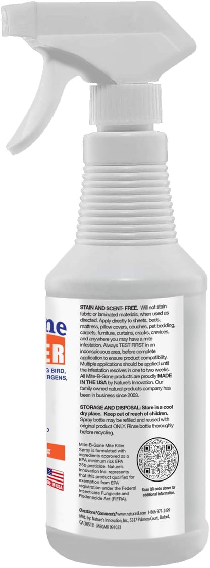 Mite Killer Spray by Mite-B-Gone — Kills Human Mites, Dust, Spider, Rat, Carpet & Bird Mites in Homes, Furniture, Bedding, Auto & On Animals | Non-Toxic | Kid & Pet Safe | 32oz Spray