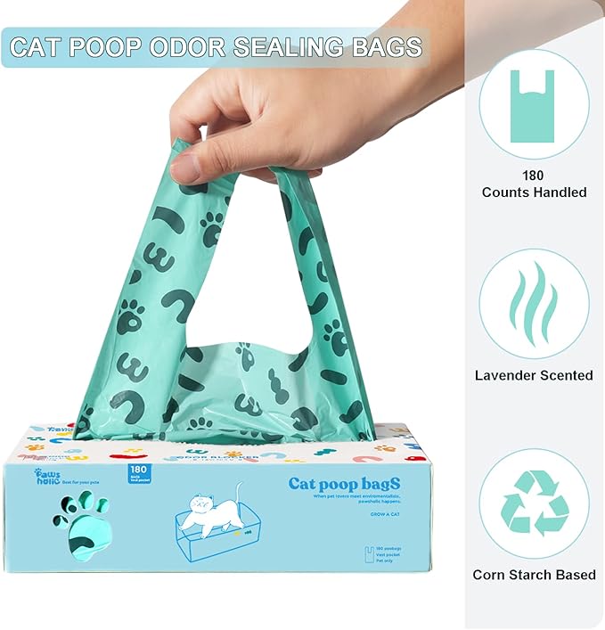 Cat Litter Disposal Bags and Dog Poop Bags with Handle, 180 Counts, Lavender Scented,Corn Starch Blend Extra Thick and Guaranteed Leak Proof Poop bags for Kitty and Doggy