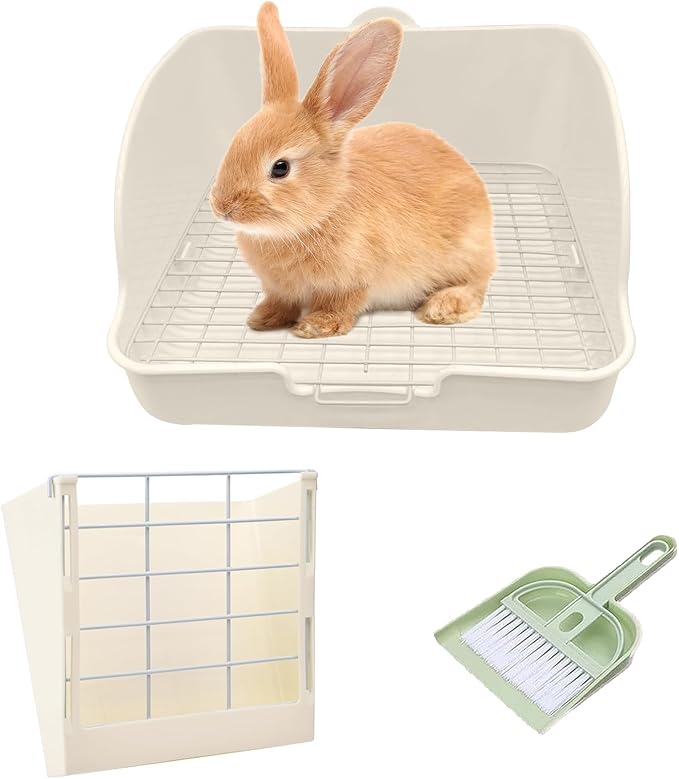 Rabbit Litter Box for Cage Guinea Pig Hay Rack Feeder Rabbits Corner Litter Pan Potty Trainer Pet Toilet Square with Cleaning Set for Hamster, Guinea Pig, Ferret, Bird (White)