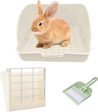 Rabbit Litter Box for Cage Guinea Pig Hay Rack Feeder Rabbits Corner Litter Pan Potty Trainer Pet Toilet Square with Cleaning Set for Hamster, Guinea Pig, Ferret, Bird (White)