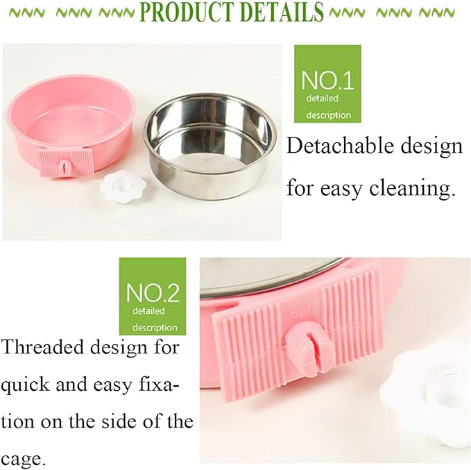 kathson Crate Dog Bowl, Removable Stainless Steel Hanging Pet Cage Bowl Food & Water Feeder Coop Cup for Cat, Puppy, Birds, Rats, Guinea Pigs (4 PCS, Size: L, 2×Blue,1×Pink,1×Green)