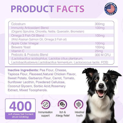Dog Allergy Chews 400PCs ,Dog Allergy and Itching Skin Relief Anti Itch Aller Immune Bites for Dogs Itching licking Paws Treatment Relief Itchy Allergy Probiotics Vitamins for Skin and Coat Allergies