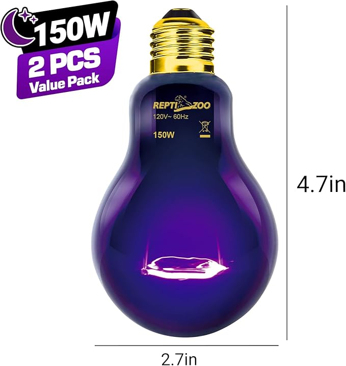 REPTI ZOO 2PCS Reptile Heat Lamp, 150W Night Heat Bulb Moonlight Bulb Purple Infrared Heating Lamp Simulate Natural Moonlight Night Heat Bulb for Reptile Amphibian