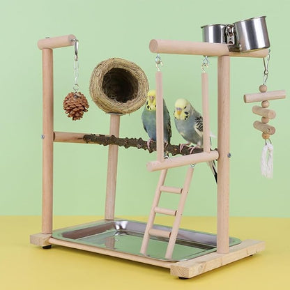 Parrot Playground Playstands, Bird Playgrounds with Feeder Cups Breeding Grass Nest Bird Cage Stand Bird Perch Stands, Parakeet Playground Wood Bird Play Stand for Cockatiel Parakeet
