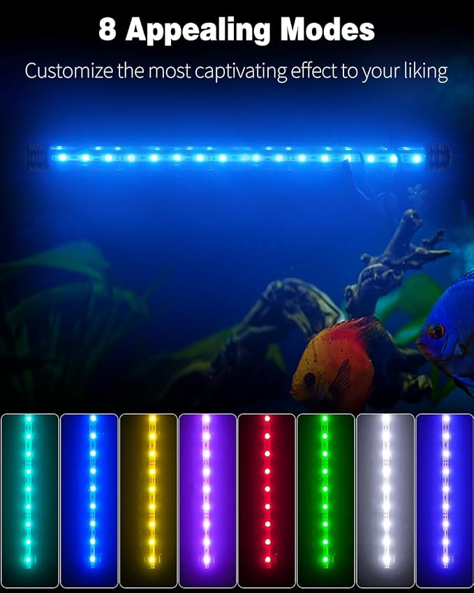 Pawfly 4.2 W Aquarium LED Light 15.2 Inch Underwater Fish Tank Light with Timer Auto On/Off Fish Tank Background Lights with 8 Lighting Modes Submersible Multi-Colored Tube Lights for Decoration