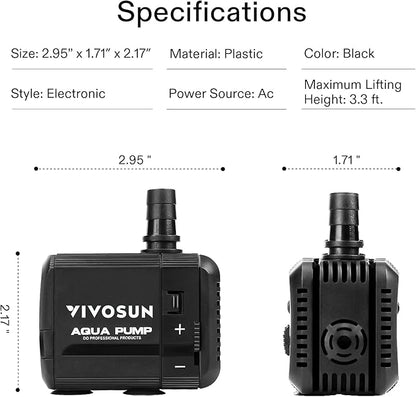 VIVOSUN 210GPH Submersible Pump(800L/H, 8W), Ultra Quiet Water Pump with 3.3ft High Lift, with 5ft Power Cord, 2 Nozzles for Fish Tank, Pond, Aquarium, Statuary, Hydroponics Black