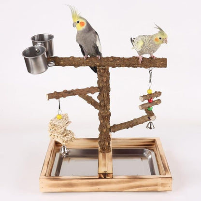 Natural Wood Parrot Stand - Ideal Toy & Accessory for Parakeets, Canaries, Cockatiels, Conure, Lovebirds - Large Bird Perch Stand with Removable Tray and Feeder Cups - Perfect Pet Birds Playstand