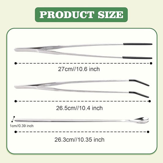 3Pcs Reptile Feeding Tool Set, 2 Tipped Tongs and 1 Feeding Spoon, Stainless Steel Crested Gecko Feeding Spoon for Geckos, Lizards, Bearded Dragons, Small Animals (Silver)