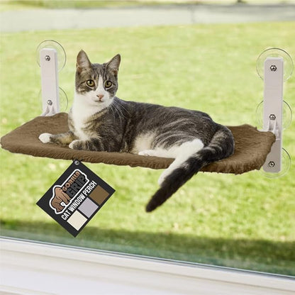 GORILLA GRIP Cat Window Perch, Foldable Cat Window Hammock Bed with 6 Large Suction Cups, Cordless Indoor Wall Shelves, Strong Metal Frame Holds 30lbs, Reversible Washable Sherpa Cover, Medium Brown