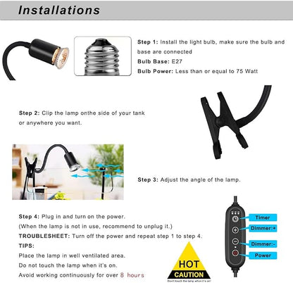 DOMICA Dimmable Reptile Heat Lamp with Timer + 75W UVA UVB Light Bulb, Basking Spot Light Simulated Sunlight, Heating Lamp for Turtle, Lizard, Snake, Beared Dragon, Amphibians