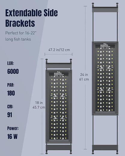 Pawfly Aquarium Light for Plants, 16 W Fish Tank Light, Full Spectrum Aquarium Lights, 24/7 LED Aquarium Light for Fish Tank with Timer & Adjustable Brightness, Fishes Lamp for 16"-22" Tanks