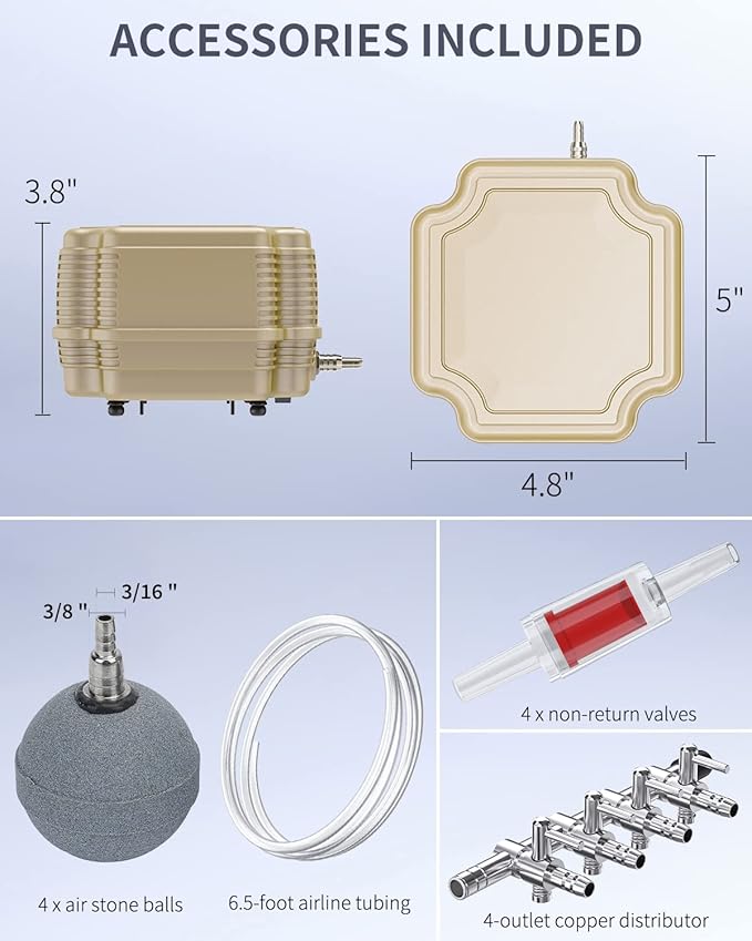 Pawfly 7 W 254 GPH Commercial Air Pump Adjustable Quiet Oxygen Aerator Pump with Air Stones 4 Outlets Manifold and Airline TubingAccessories for Up to 300 Gallon Tank Aquarium Pond