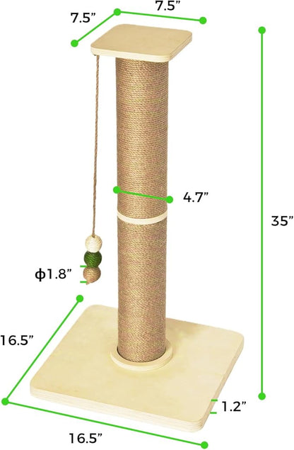 TINYBEAST Wooden Cat Scratching Post, Sturdy 35'' Tall Natural Sisal Cat Scratcher with Thick Solid Wood Base for Adult Cats Indoor, Jumbo Durable Stable Cat Scratcher Tower