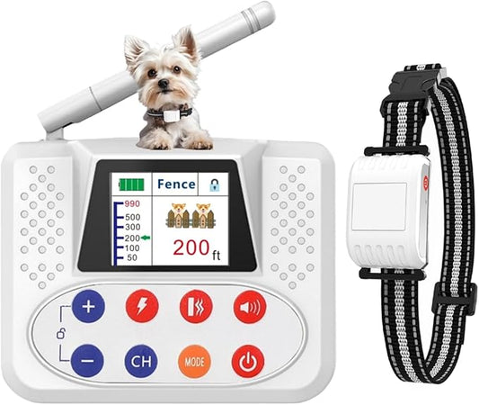 Wireless Dog Fence, Electric Fence for Dogs with Shock Collar, Big Colored LCD Screen, Portable Pet Fence Outdoor for Yards, Adjustable for Small, Medium, Large Dogs