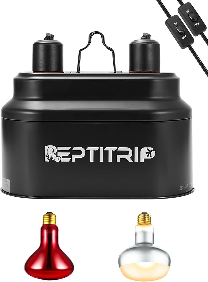 Dual Reptile Lamp Fixture with 100W Daytime Heat & 100W Nighttime Infrared Heat Bulbs, 2 Independent Switches, Reptile Heat Lamp Combo Pack - No UVB