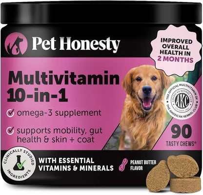 Multivitamin Dog Supplement, Glucosamine chondroitin for Dogs, Probiotics, Omega Fish Oil, Dog Supplements & Vitamins, Vitamins for Skin and Coat Allergies, (Peanut Butter 90 ct)