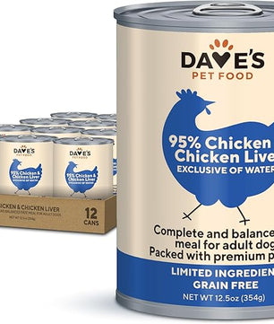 Dave's Pet Food Grain Free Wet Dog Food (95% Chicken & Chicken Liver), Made in USA Single-Source Protein, Limited Ingredients, 12.5 oz Cans (12 Pack)