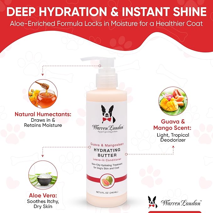 Warren London Hydrating Butter Leave in Pet Conditioner for Dogs | Lotion for Skin and Coat | Aloe Puppy & Dog Conditioner for Hair Detangler, Dry Skin, & Pet Fur Dandruff | Made in USA | Guava 8oz