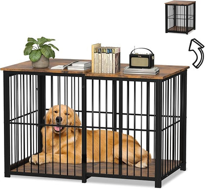 Erinnyees 45.6" Dog Crate Furniture, Wooden Dog Kennel with Retractable Design for Small Medium Large Dogs, Heavy-Duty Side Table Style Indoor Dog Cage with Cushion, 24–45.6 Inch