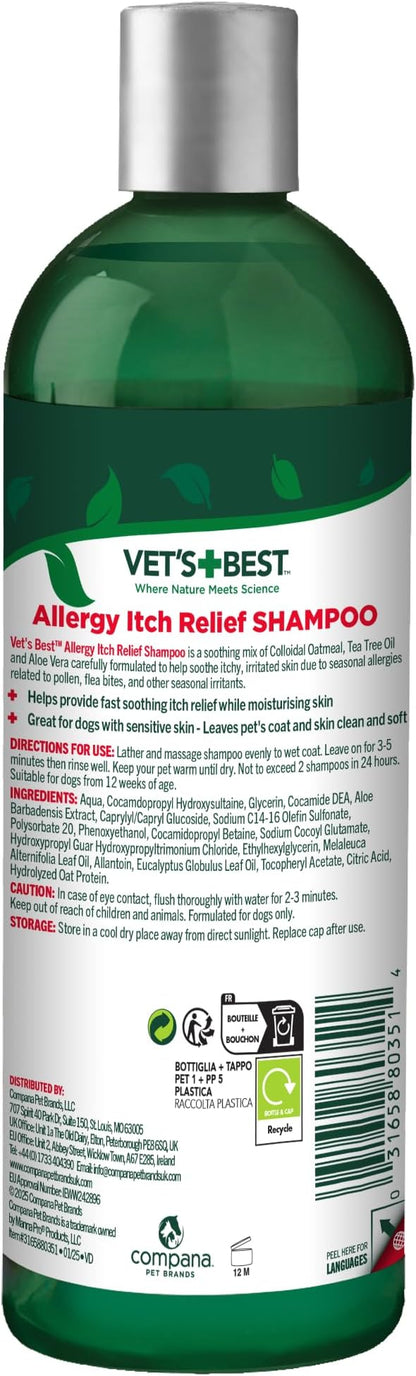 Vet's Best Allergy Relief Dog Shampoo – Oatmeal and Aloe Formula for Itchy Skin and Seasonal Allergies – Soothing Anti-Itch Shampoo for Dogs with Dry, Sensitive Skin – 16 oz