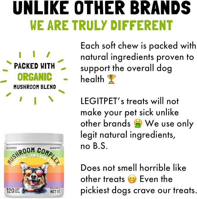Mushroom Complex Treats for Dogs with Reishi, Shiitake, and Turkey Tail Mushrooms for Cognition and Immune Boosting Supports Digestive Health and Reduces Inflammation DHA EPA Turmeric Kelp (120pcs)