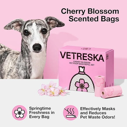 VETRESKA Cherry Blossom Scented Dog Poop Bags, Leak Proof, Extra Thick and Large Pet Waste Bags for Dog Walking and Cat Litter, 20 Refill Rolls, 300 Bags, Pink